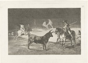 Fernando del Toro daagt een stier uit Słynny Fernando del Toro, barilarguero, wymuszający bestię tyczką Walka byków (tytuł serii) Stierenvechten (tytuł serii) autorstwa Francisco de Goya
