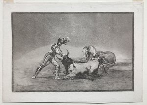 La Tauramaquia: Hiszpański rycerz zabija byka po utracie konia, 1815-1816. autorstwa Francisco de Goya