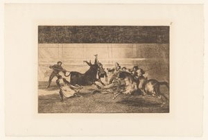 Mężczyzna nadziany na róg byka Mort de Pepe Illo Walki byków (tytuł serii) La Taureaumachie (tytuł serii) La Tauromaquia (tytuł serii) autorstwa Francisco de Goya