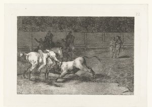 Mariano Ceballos dodt een stier Madriano Ceballos, alias El Indio, zabija byka ze swojego konia Walka byków (tytuł serii) Stierenvechten (tytuł serii) autorstwa Francisco de Goya