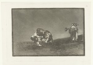 Martincho chwyta byka za róg El mismo vuelco en toro en la plaza de Madrid Walka byków (tytuł serii) La Tauromaquia (tytuł serii) autorstwa Francisco de Goya