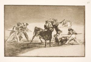 Maurowie używają osłów jako bariery do obrony przed bykiem, którego rogi zostały wyposażone w kule autorstwa Francisco de Goya
