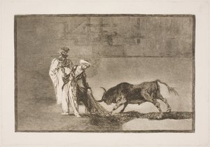 Maurowie na arenie dokładają wszelkich starań, aby zwabić byka za pomocą ich burnusa autorstwa Francisco de Goya