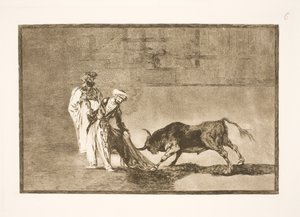 Maurowie wykonują na arenie kolejną sztuczkę, wabiąc do siebie byki swoimi burnusami autorstwa Francisco de Goya