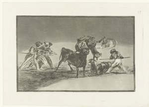 Maurowie i osły walczą z bykiem Palenque de los Moros hecho con burros para defenseerse del toro embolado La Tauromaquia (tytuł serii) Walka byków (tytuł serii) autorstwa Francisco de Goya