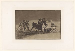 Maurowie i osły walczą z bykiem Palenque de los Moros hecho con burros para defenseerse del toro embolado Walki byków (tytuł serii) La Taureaumachie (tytuł serii) La Tauromaquia (tytuł serii) autorstwa Francisco de Goya