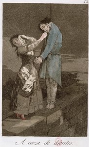 Polowanie na zęby, płyta 12 z "Los caprichos", koniec XVIII wieku (akwaforta barwna) (zob. także 81631) autorstwa Francisco de Goya