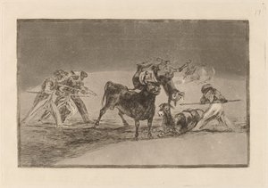 Palenque de los moros hecho con burros para defenseerse del toro embolado (Maurowie używają osłów jako bariery w obronie przed bykiem, którego rogi zostały przebite jajami) autorstwa Francisco de Goya