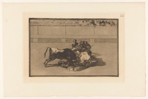 Picador spadł z konia Caida de un picador de su caballo debajo del toro Walki byków (tytuł serii) La Taureaumachie (tytuł serii) La Tauromaquia (tytuł serii) autorstwa Francisco de Goya