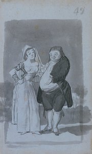 Prostytutka namawiająca grubego, brzydkiego mężczyznę prosto, 1796-97. autorstwa Francisco de Goya