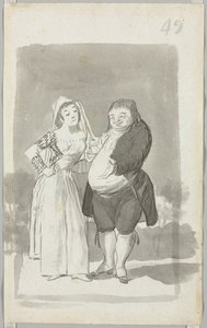Prostytutka namawiająca grubego, brzydkiego mężczyznę prosto, młoda kobieta załamująca ręce... verso, 1796-97. autorstwa Francisco de Goya
