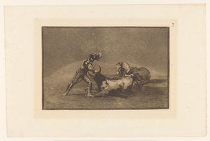Spanse rider doodt een stier Hiszpański rycerz zabija byka po utracie konia Stierengevechten (tytuł serii) La Taureamachie (tytuł serii) Walka byków (tytuł serii) autorstwa Francisco de Goya