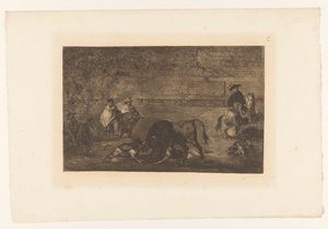 Byk zaatakowany przez psy Les chiens lâchés sur le taureau Walki byków (tytuł serii) La Taureaumachie (tytuł serii) La Tauromaquia (tytuł serii) autorstwa Francisco de Goya