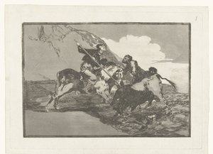 Stierenjacht te paard Jak starożytni Hiszpanie polowali na byki na koniach w polu Stierenvechten (tytuł serii) Walka byków (tytuł serii) autorstwa Francisco de Goya