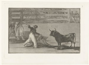 Stierenvechter spotkał się z banderillą Pochodzenie harpunów lub banderilli Stierenvechten (tytuł serii) Walka byków (tytuł serii) autorstwa Francisco de Goya