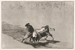 Sprytny uczeń Falcesa rozwściecza byka poruszając się owinięty płaszczem, 1814-16 autorstwa Francisco de Goya