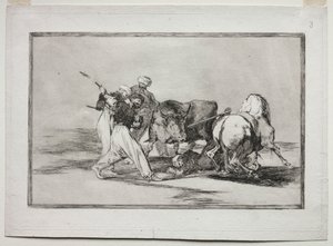 Maurowie osiedlili się w Hiszpanii, porzucili przesądy Koranu, przyjęli tę sztukę polowania i włóczyli byka na otwartej przestrzeni autorstwa Francisco de Goya