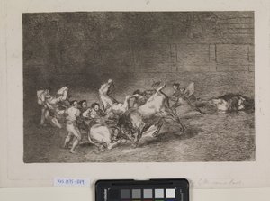 Dwie drużyny pikadorów są jeden po drugim przewracane przez jednego byka autorstwa Francisco de Goya