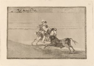 Un caballero espanol en plaza quebrando rejoncillos sin auxilio de los chulos (hiszpański rycerz na ringu łamiący krótkie włócznie bez pomocy asystentów) autorstwa Francisco de Goya