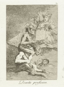pobożna spowiedź Zawód Devota (tytuł na obiekcie) Los Caprichos (tytuł serii) autorstwa Francisco de Goya