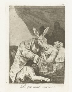 Na co umrze? Que mal morira? (tytuł na obiekcie) Los Caprichos (tytuł serii) autorstwa Francisco de Goya