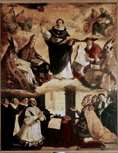 Obrazy dla Mayor de Santo Tomas College w Sewilli: apoteoza św. Tomasza z Akwinu czy apoteoza św. Tomasza z Akwinu z lekarzami kościoła autorstwa Francisco de Zurbaran