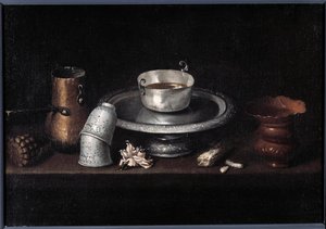 Martwa natura czekoladowe śniadanie z filiżanką czekolady, filiżankami. Obraz Francisco de Zurbarana (1598-1664). Besancon z XVII wieku, Muzeum Sztuk Pięknych autorstwa Francisco de Zurbaran