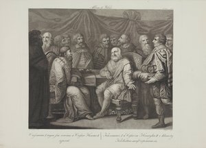 Spotkanie Kazimierza I Odnowiciela z cesarzem Henrykiem III przez Smuglewicza Franciszka (1745-1807). Litografia, koniec XVIII w. Kolekcja prywatna