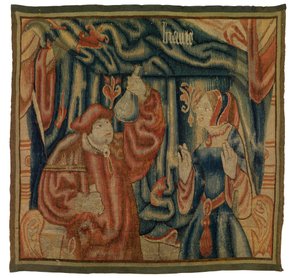 Fragment gobelinu przedstawiającego wnętrze z lekarzem i kobietą, Beaute, francuskiej lub flamandzkiej, wykonany na początku XVI w. (wełna)