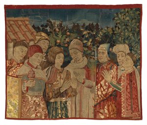 Niezidentyfikowany fragment gobelinu z ośmioma postaciami, prawdopodobnie Spór, 2. poł. XV w. (wełna)