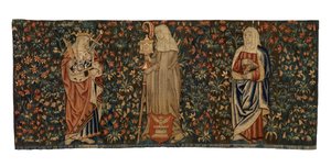 Gobelin Mille fleurs, przód ołtarza, przedstawiający trzech świętych: św. Annę, św. Klarę i św. Eufemię, wykonany ok. 1500 r., francuski lub flamandzki (wełna)