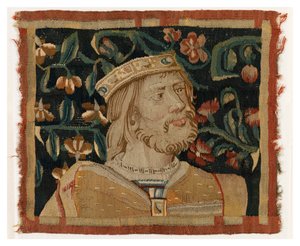 Fragment gobelinu przedstawiający głowę króla, koniec XV w. (wełna i jedwab)