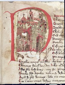 Ms Est 27 W 8.17 f.1r Historyczny inicjał przedstawiający Attylę Huna (ok.406-453) palący miasto Aquila z Wojny Attyli autorstwa Nicola da Casola autorstwa Franco Italian School