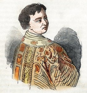 Średniowiecze: przedstawienie papieża Benedykta IX (benedetto, Benedict lub Benedictus) (1032-1044) Rysunek z „Misteri del Watykan” Franco Mistrali