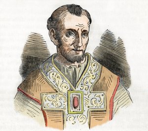 Średniowiecze: przedstawienie papieża Mikołaja I Wielkiego (Nicola I, Nicholas lub Nicolo lub Niccolo lub Nicolaus) (858-867) rysunek z „I misteri del vaticano” Franco Mistrali 1843