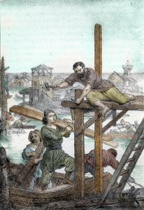 Schroniska ścigane przez hunów Attyli zakładają fundamenty Wenecji, V wiek (Założenie Wenecji przez uchodźców ściganych przez barbarzyńcę Attyli, V wiek) Rysunek z „I misteri del vaticano” Franco Mistrali 1846