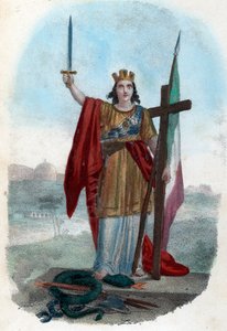 Risorgimento: Alegoryczne przedstawienie triumfującej Italii stojącej na wężu skorumpowanego kościoła i wznoszącej miecz z krzyżem i flagą, symbole politycznego, religijnego i obywatelskiego risorgimento) Frontispice tire de „I misteri del vaticano” autors autorstwa Franco Mistrali