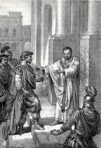 Arcybiskup św. Ambroży z Mediolanu (Aureliusz Ambrosius, Ambrogio di Milano (340-397) zakazał wstępu do kościoła rzymskiemu cesarzowi Teodozjuszowi I (Flawiuszowi Teodozjuszowi) (347-395), aby ukarać go za masakrę w Tesalonice w 390 r. - ekskomunika autorstwa Franco Mistrali