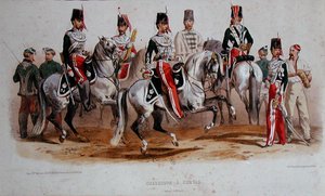 Kawalerzyści francuscy w czasach Drugiego Cesarstwa (kolor lito) autorstwa Francois Hippolyte (after) Lalaisse