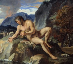 Polifem cyklopa z fletem Pan, fragment „”Acis i Galatee””” Nimfę Galatee i Acis obserwuje Cyklop Polifem, zazdrosny o ich idylliczną miłość. Według „Metamorfoz” Owidiusza. Obraz Francois Perrier (1590-1650) XVII w