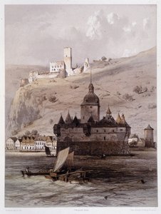 Chateau a Pfalz, Niemcy. W „Monumentalnym i malowniczym Renie”. Litografie Fourmaisa i Stroobanta