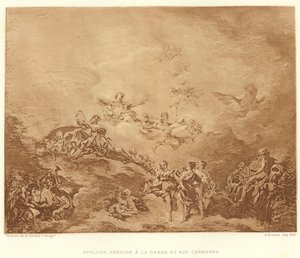 Apollo przewodniczy tańcowi i pieśniom (rycina) autorstwa Francois (after) Boucher