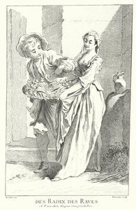 Sprzedawca rzodkiewki i rzepy (grawerowanie) autorstwa Francois (after) Boucher