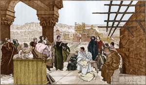 Pierre Abelard lub Abailard (1079-1142), francuski filozof i teolog i jego szkoła na górze Sainte Genevieve. Z fresku Francois Flameng.