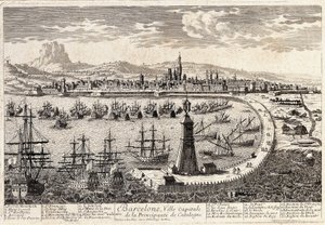 Widok na miasto i port w Barcelonie w XVIII wieku. Grawerowanie autorstwa Francois Antoine Aveline Barcelona, Museu d