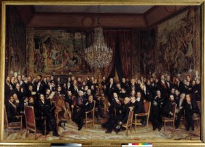 Wieczór w Luwrze z hrabią Nieuwerkerke Wśród prezentów: Francois Marcellin Certain de Canrobert (1809-1895), Eugene Delacroix (1798-1863), Camille Doucet (1812-1895), Jacques Fromental Levy dit Halevy (1799-1862) , baron Georges Haussmann ( autorstwa François Auguste Biard