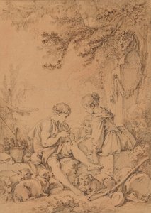 Młody pasterz grający na flecie dla dwóch młodych pasterzyń autorstwa François Boucher