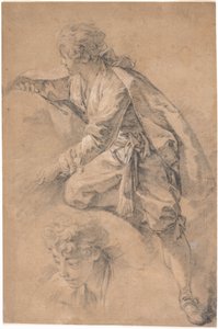 Młody człowiek klęczący na jednym kolanie, z obiema rękami wyciągniętymi autorstwa François Boucher