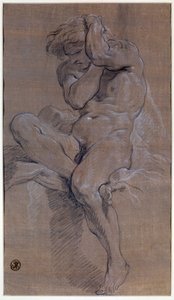 Akademia siedzącego nagiego mężczyzny Rysunek czerwoną krwią, Francois Boucher (1703-1770) XVIII-wieczny Paryż, Luwr autorstwa François Boucher