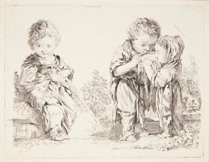 Dziecko siedzące na grudce ziemi i Mali pijący mleko autorstwa François Boucher